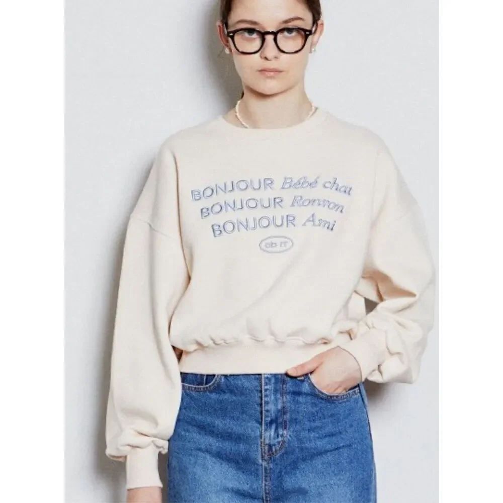 CB RR Bonjour Ronron Crop Embroidered Sweatshirts Ivory Free Size